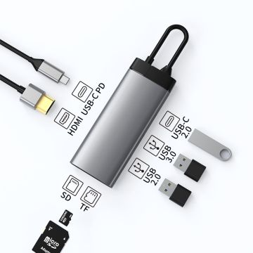 7 IN 1 Grey USB-C Hub For 1 x USB-C PD / 1 x 4K HDMI / 1 x USB 2.0 / 1 x USB 3.0 / 1 x USB-C Data 2.0 / 1 x SD / 1 x TF New Arrivals