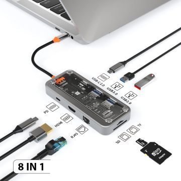 8 in 1 USB-C Hub For 1 x USB 3.0 / 1 x USB 2.0 / 1 x HDMI / 1 x RJ45 / 1 x USB-C PD / 1 x USB-C Data 2.0 / 1 x SD / 1 x TF