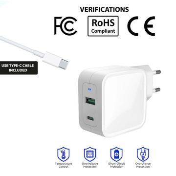 New AJP Adapter 65W USB Type-C QC 3.0 PD Fast Charging Dual Port Type Wall Charger Adapter White EU Plug